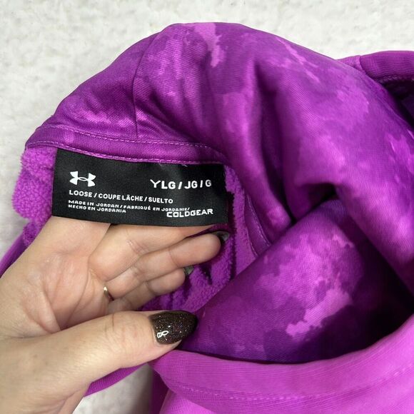 Under Armour Girl Fuchsia Loose Coldgear Dual Logo Fleece Hoodie 1317812 YLG - Picture 3 of 6